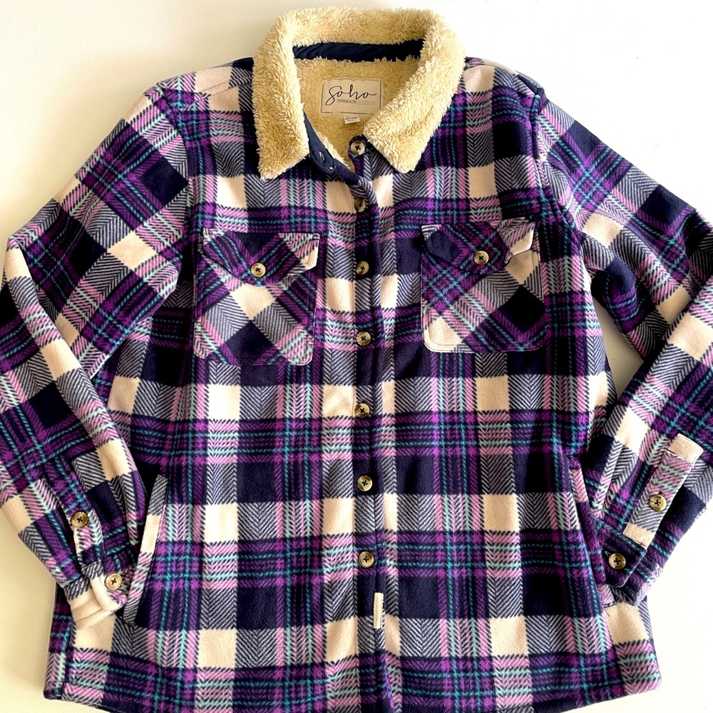 Soho Threads -Women's Plaid Fleece Plush Sherpa Lined Shirt Jacket with Pockets